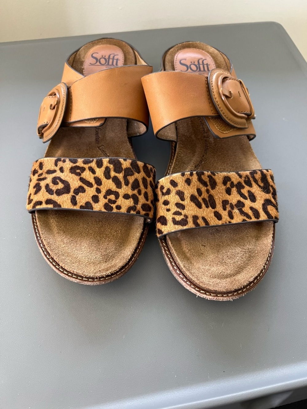 Söfft Leopard & Tan Leather Slide Sandals